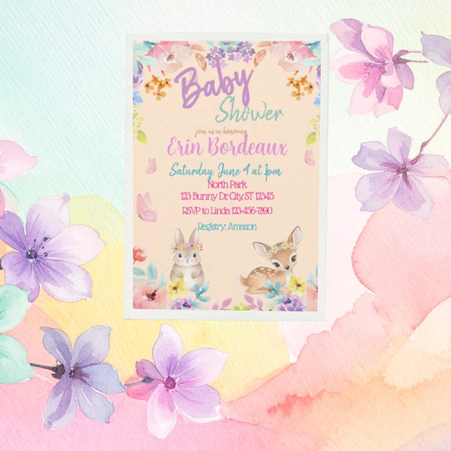 Invitation Baby shower pastel floral forestier (Créateur téléchargé)