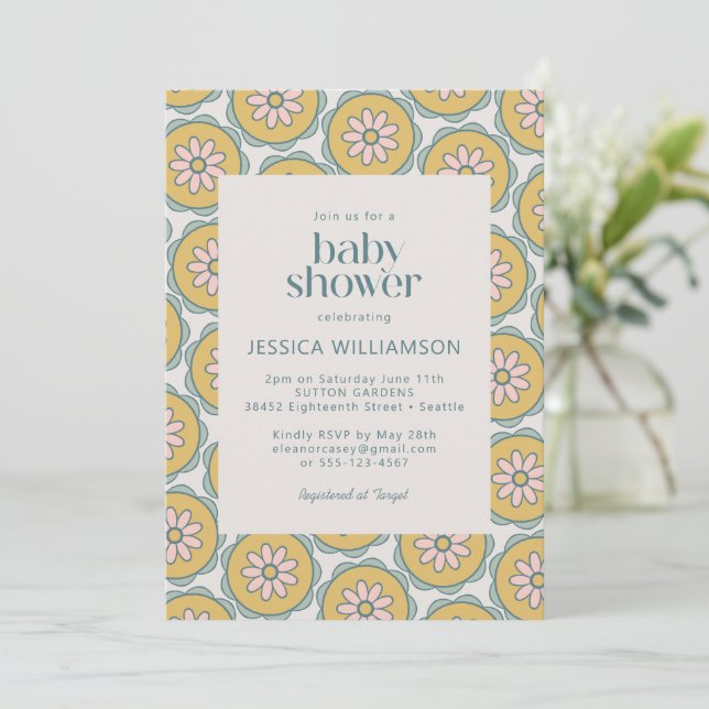 Invitation Baby Shower Pastel Floral Mandala Bohème Rétro  (Debout devant)