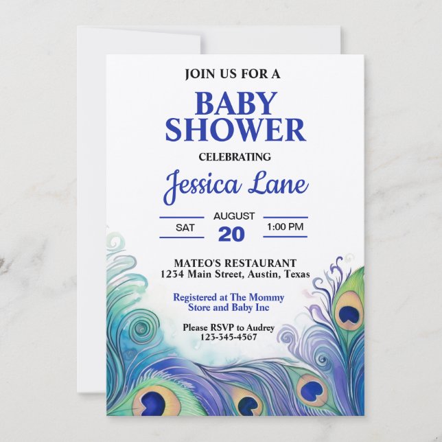 Invitation Baby shower Pastel Green et Blue Peacock Feathes (Devant)