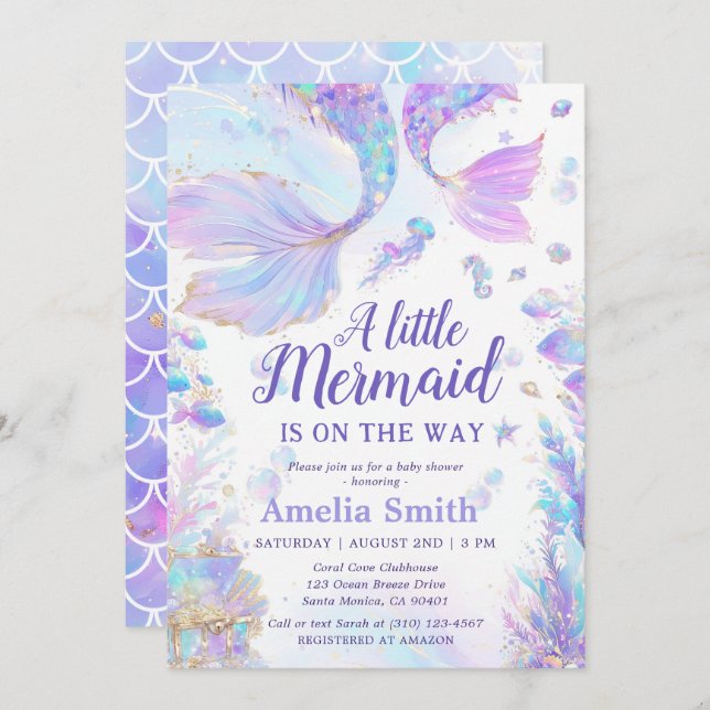 Invitation Baby shower Pastel Little Mermaid (Devant / Derrière)