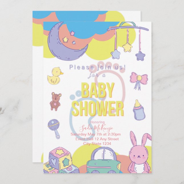 Invitation Baby shower Pastel neutre pour les femm (Devant / Derrière)