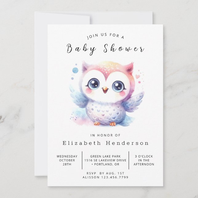 Invitation Baby shower Pastel Owl classique (Devant)