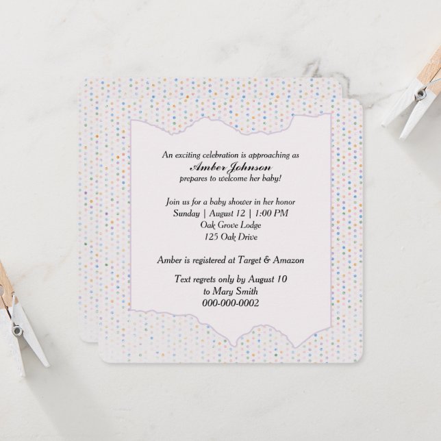 Invitation Baby Shower Pastel Polka Dots (Devant/Arrière en situation)