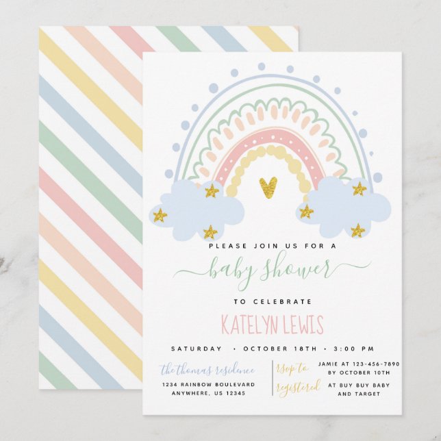 Invitation Baby shower Pastel Rainbow (Devant / Derrière)