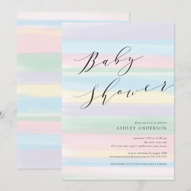 Invitation Baby shower Pastel Rainbow rayures (Devant / Derrière)