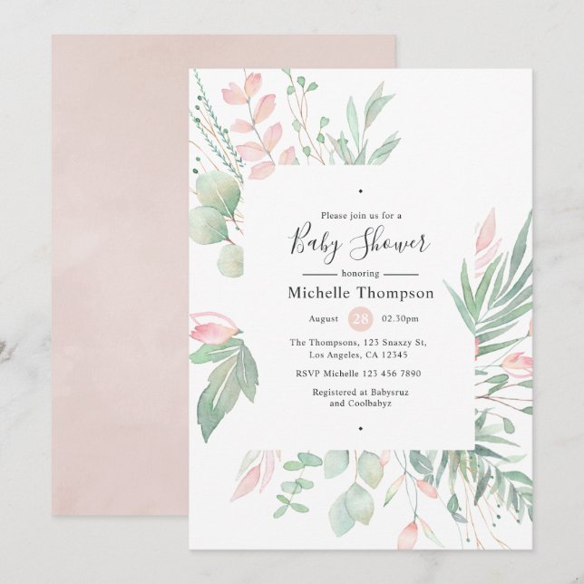 Invitation Baby Shower Pastel Rose et Verdure (Devant / Derrière)