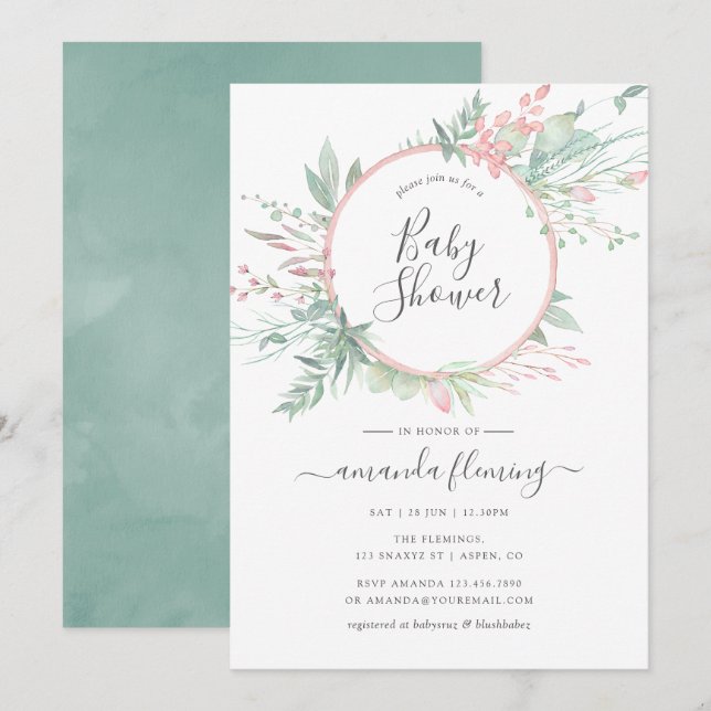Invitation Baby Shower Pastel Rose Pâle et Feuillage Géométri (Devant / Derrière)
