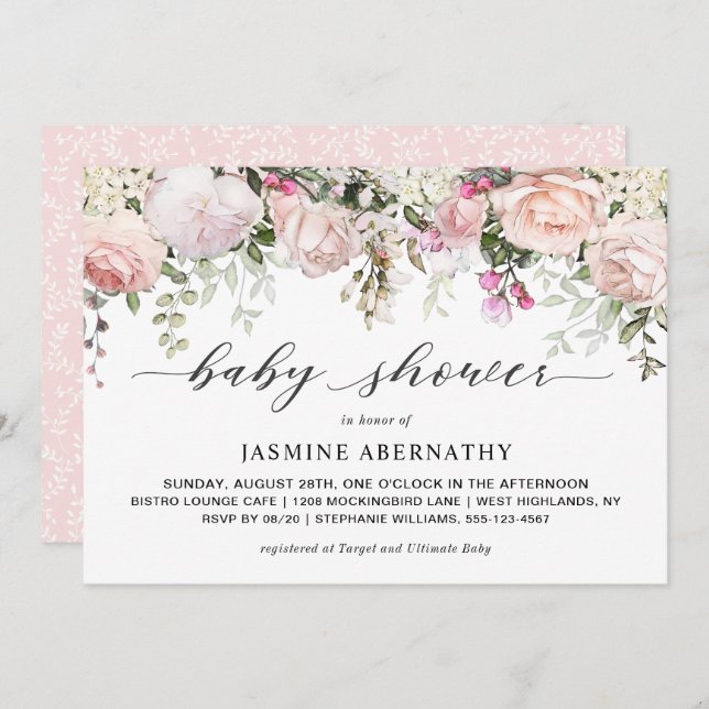 Invitation Baby shower Pastel Rose Roses (Devant / Derrière)