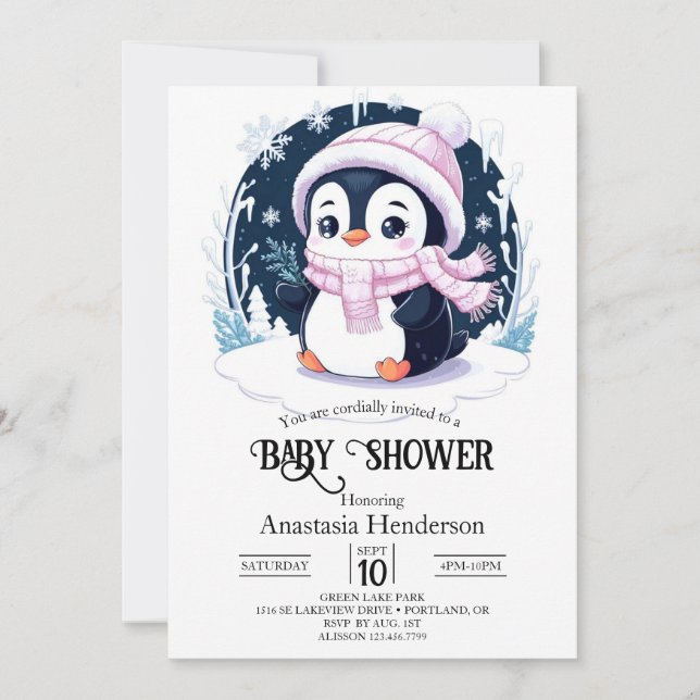 Invitation Baby shower Pastel Snow Penguin (Devant)