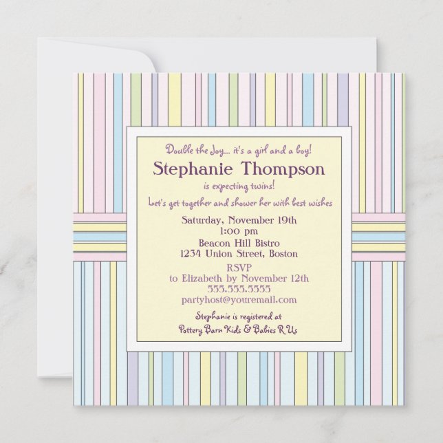 Invitation Baby shower Pastel Stripes Twins (Devant)