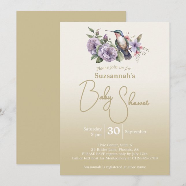 Invitation Baby Shower Pastel Vert Ombre Colibri  (Devant / Derrière)