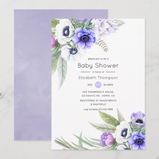 Invitation Baby-Shower Pastel Violet et Fleurs de Prunier (Devant / Derrière)