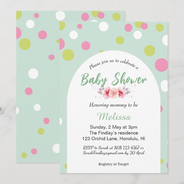 Invitation Baby shower pastels à pois (Devant / Derrière)