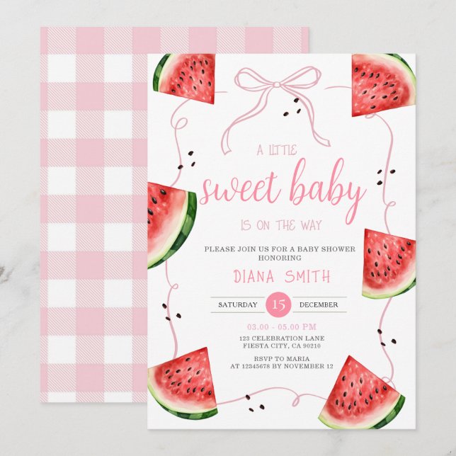 Invitation Baby Shower Pastèque à Ruban Rose (Devant / Derrière)