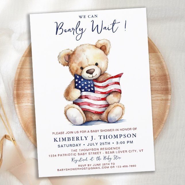 Invitation Baby shower Patriotique Teddy Bear rouge blanc (Créateur téléchargé)