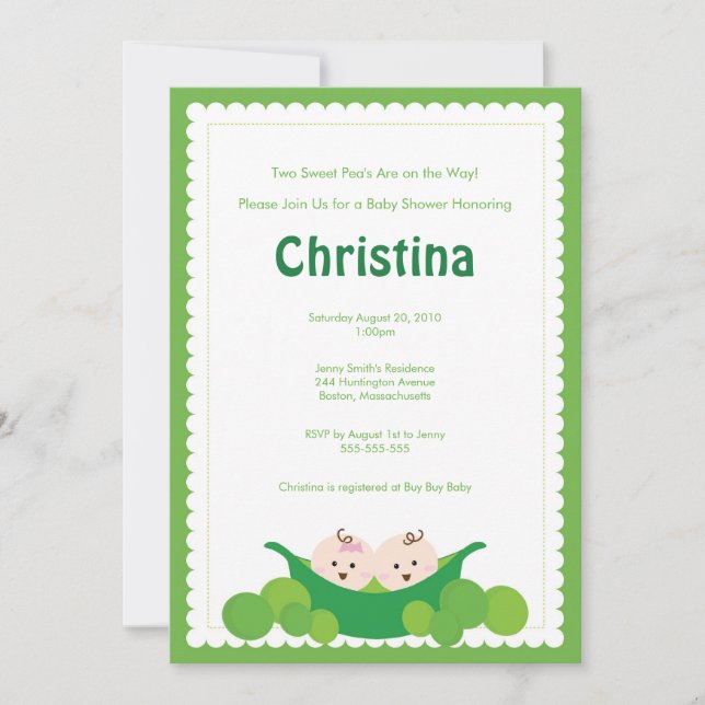 Invitation Baby shower Pea Pod Boy & Girl Twins (Devant)