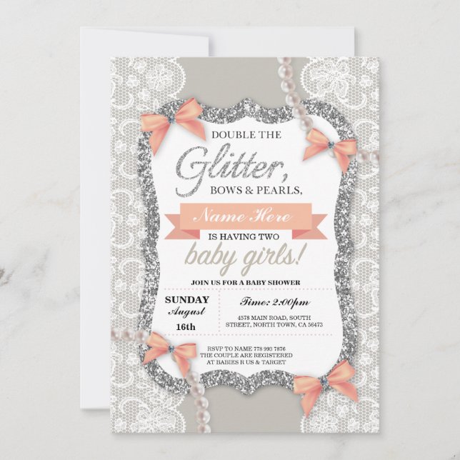 Invitation Baby shower Peach Parties scintillant Bow Twins Gi (Devant)