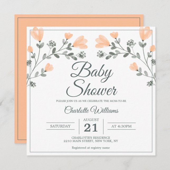 Invitation Baby shower Peach Sage Vert Fleurs délicates (Devant / Derrière)