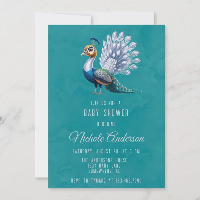 Invitation Baby shower Peacock couleur or blanc Accueil (Devant)