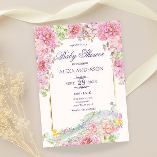 Invitation Baby shower Peacock Fleurs Roses