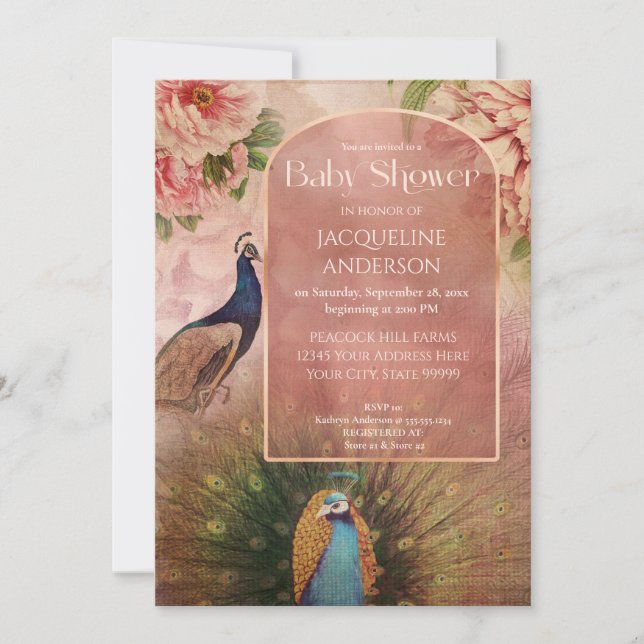Invitation Baby shower Peacock moderne Arch Peony Flowers (Devant)