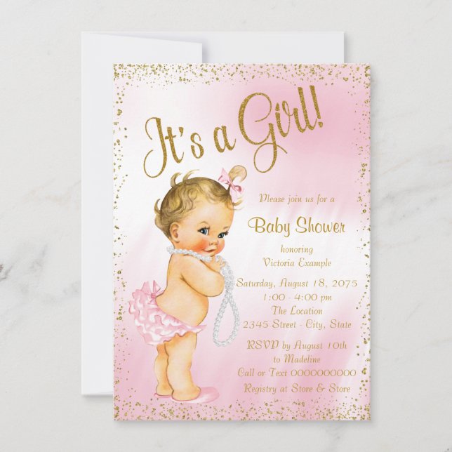 Invitation Baby shower Pearl rose et or (Devant)