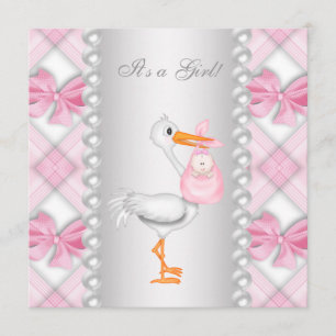 Invitation Baby shower Pearls Pink Stork