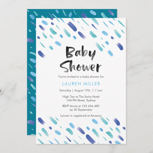 invitation baby shower | Peinture abstraite bleue (Devant / Derrière)