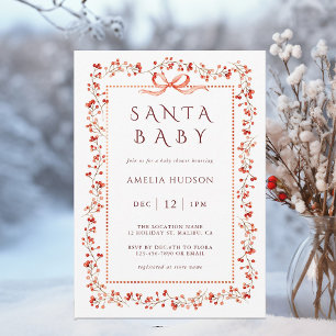 Invitation Baby shower Père Noël à cadre d'airelle rouge