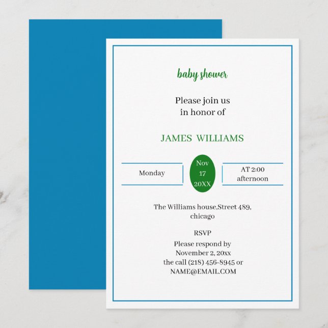 Invitation Baby shower Personnalisé Simple Bleu Et Vert (Devant / Derrière)
