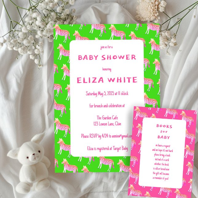 Invitation Baby shower personnalisé Zèbres colorés mignons (Cute Colorful Zebras Custom Lime Pink Neon Baby Shower Invitation Brat
)