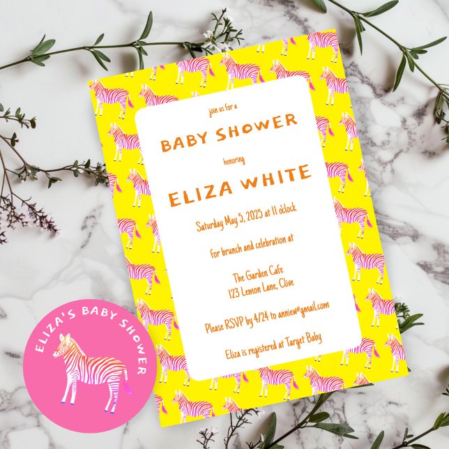 Invitation Baby shower personnalisé Zèbres colorés mignons (Cute Colorful Zebras Custom Baby Shower Invitation
Yellow Pink)