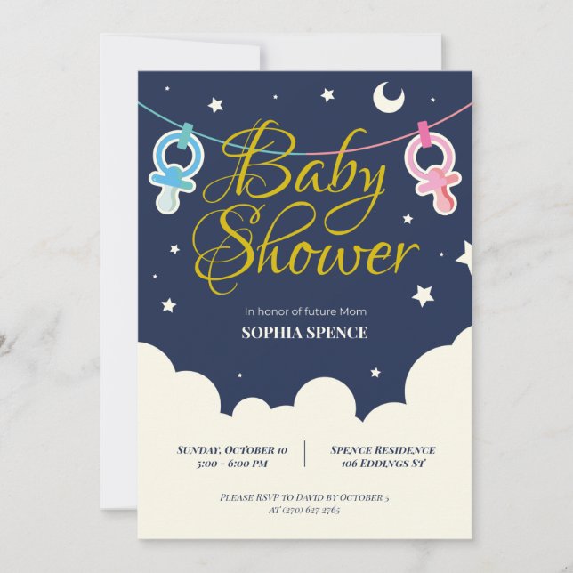 Invitation Baby shower Personnalisée Lune Et Étoil (Devant)