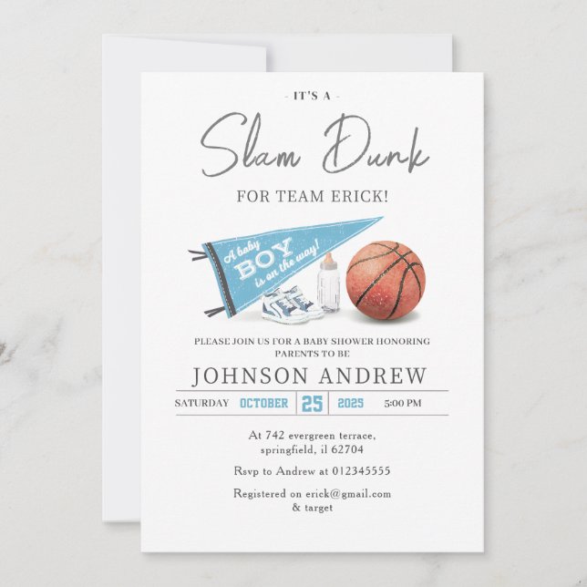 Invitation Baby shower personnel de basket-ball Slam Dunk (Devant)