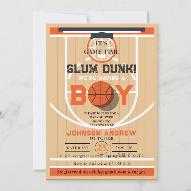 Invitation Baby shower personnel de basket-ball Slumdunk (Devant)