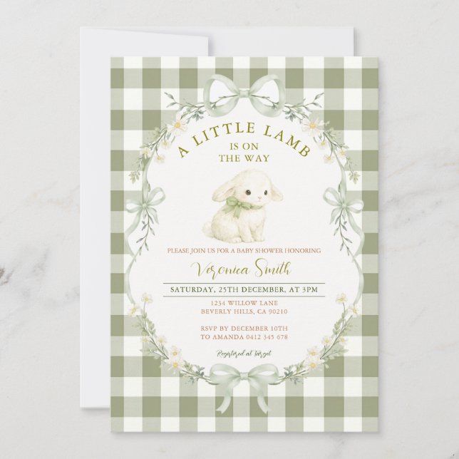 Invitation Baby Shower Petit Agneau Vert Sauge Gingham (Devant)