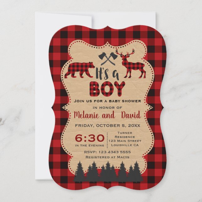 Invitation Baby shower Petit Chasseur de bûcheron rouge de bû (Devant)