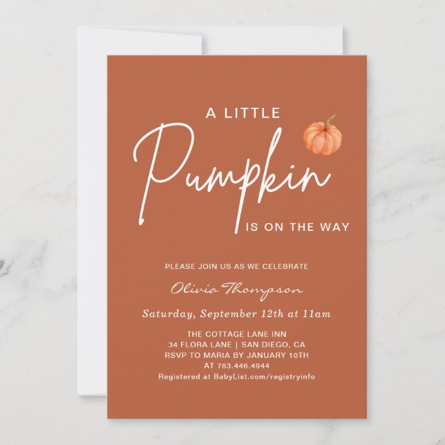 Invitation Baby Shower Petit Citrouille Marron (Devant)