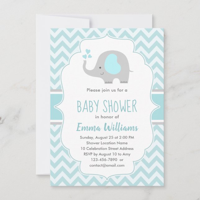 Invitation Baby shower petit éléphant bleu gris mou (Devant)