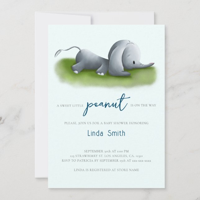 Invitation Baby shower petit éléphant d'arachide mignonne (Devant)