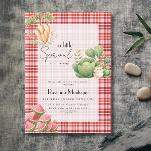 Invitation Baby Shower Petit Germe Rouge Gingham Légumes