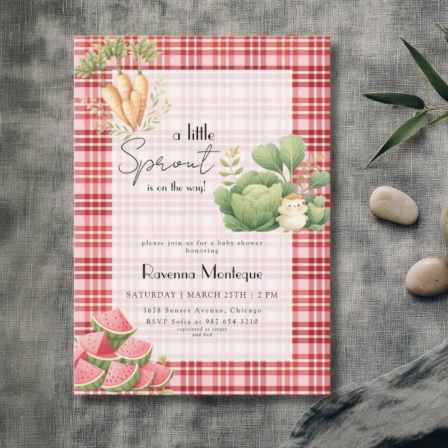 Invitation Baby Shower Petit Germe Rouge Gingham Légumes (Créateur téléchargé)