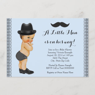 Invitation Baby Shower Petit Homme Bleu et Moustache Noire