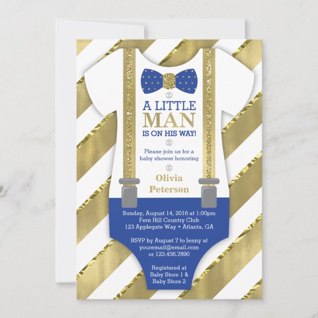 Invitation Baby shower Petit Homme, Bleu, Faux Or (Devant)