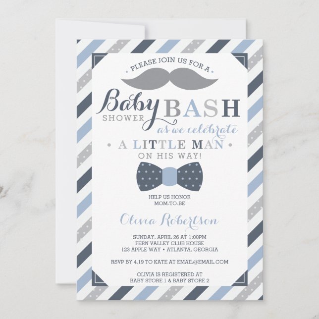 Invitation Baby shower Petit Homme, Bleu, Gris (Devant)