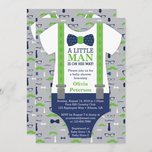 Invitation Baby shower Petit Homme, Bleu, Vert (Devant / Derrière)