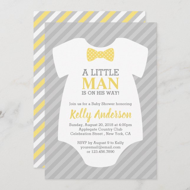 Invitation Baby shower Petit Homme - gris Jaune (Devant / Derrière)