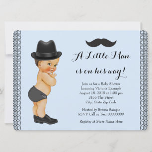 Invitation Baby Shower Petit Homme Moustache Bleu et Noir