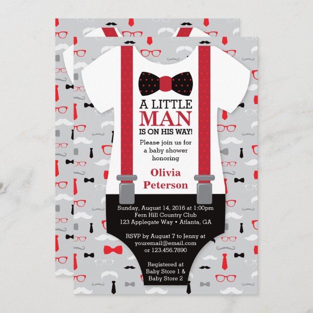 Invitation Baby shower petit homme, noir, rouge (Devant / Derrière)