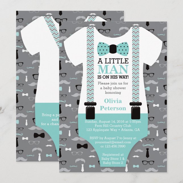 Invitation Baby shower Petit Homme, Turquoise, Noi (Devant / Derrière)